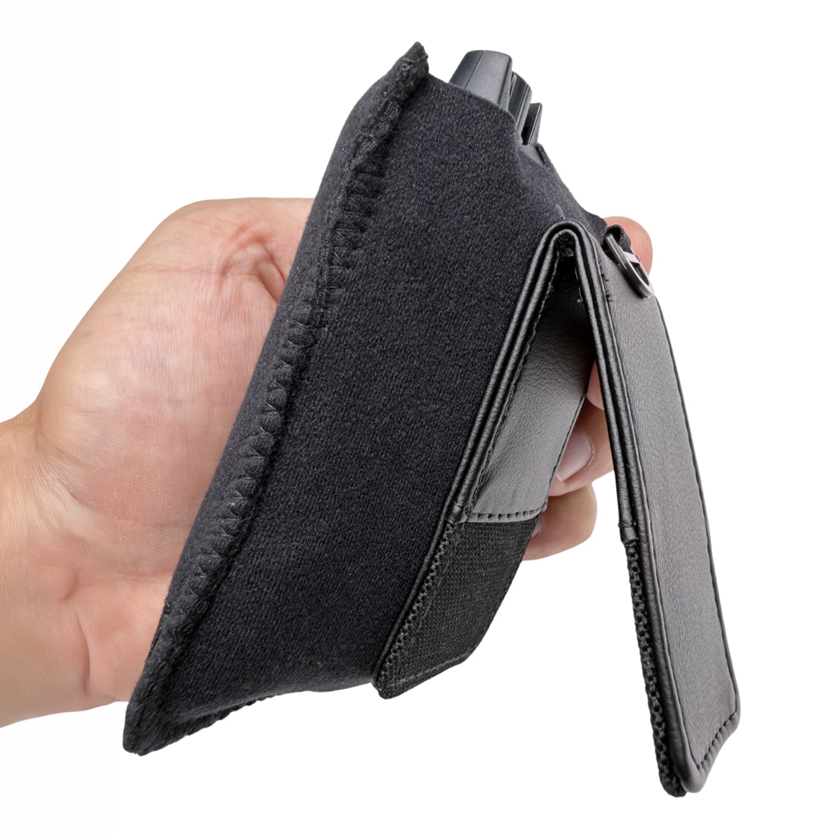 Black fabric magnetic clip pouch with front latch and textured edge detail