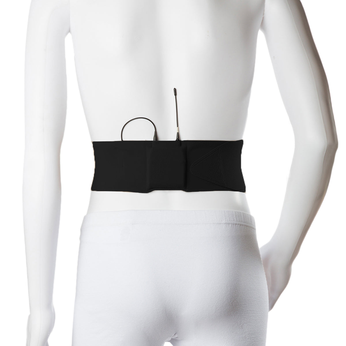 Black waist strap belt on a mannequin, front pouch with adjustable cords
