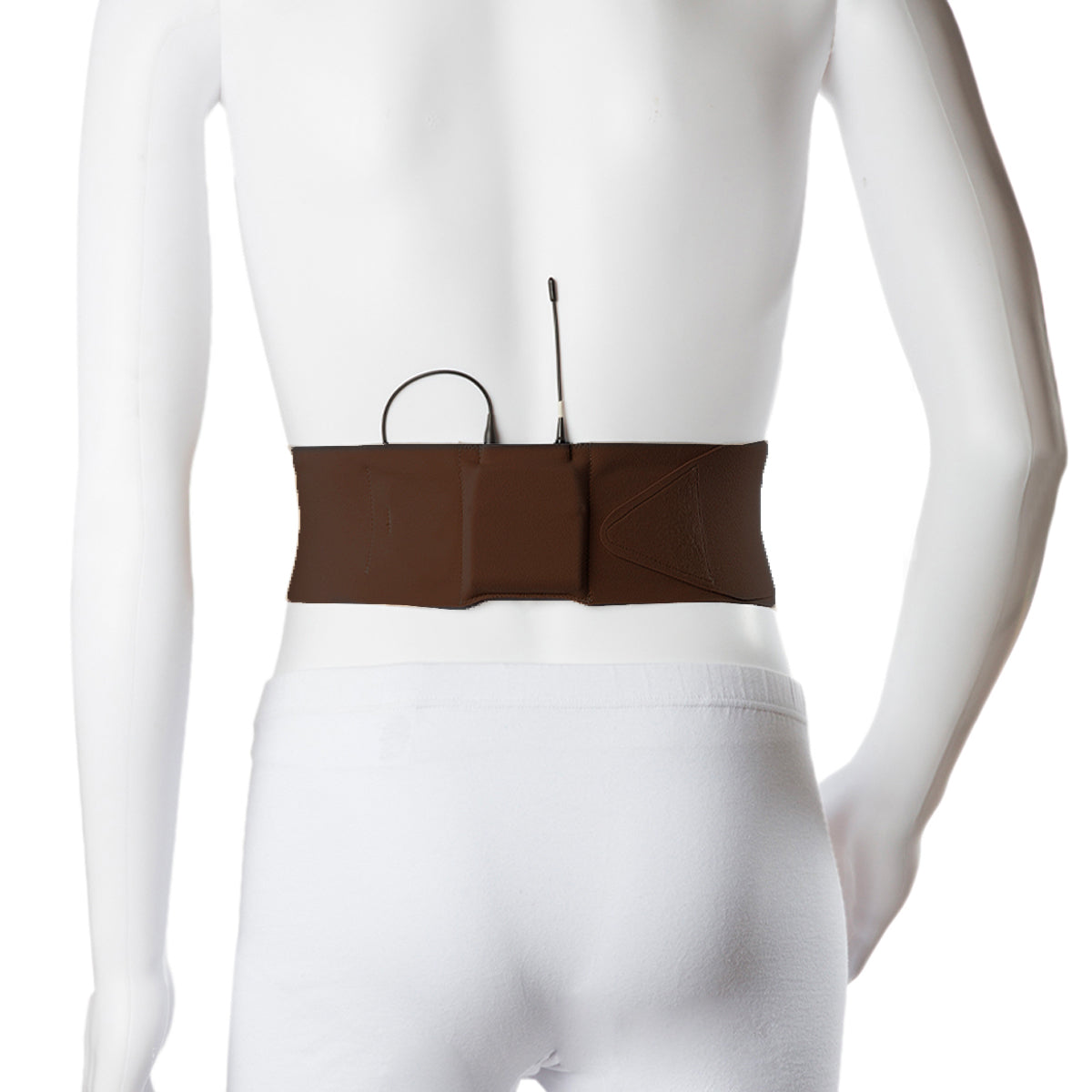 Brown waist strap belt on a mannequin, front pouch with adjustable cords