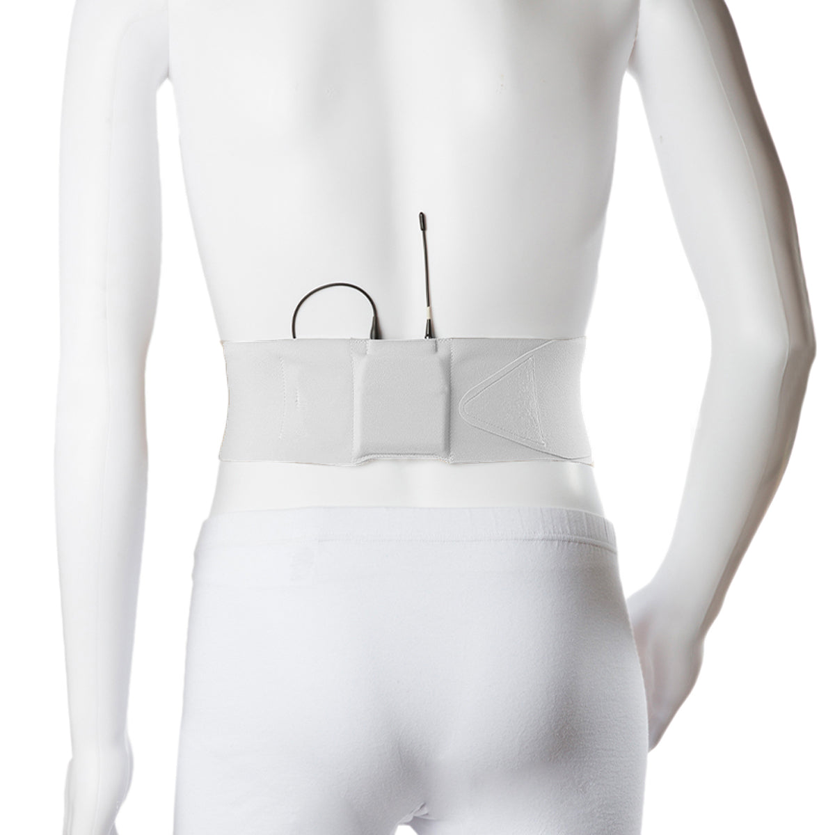 White waist strap belt on a mannequin, front pouch with adjustable cords