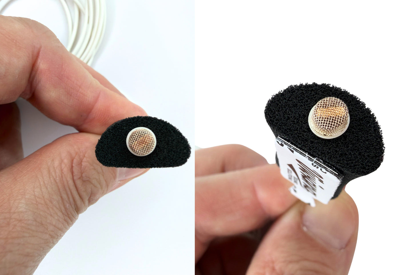Foam pad with circular mesh insert held on fingertips, showing two angles