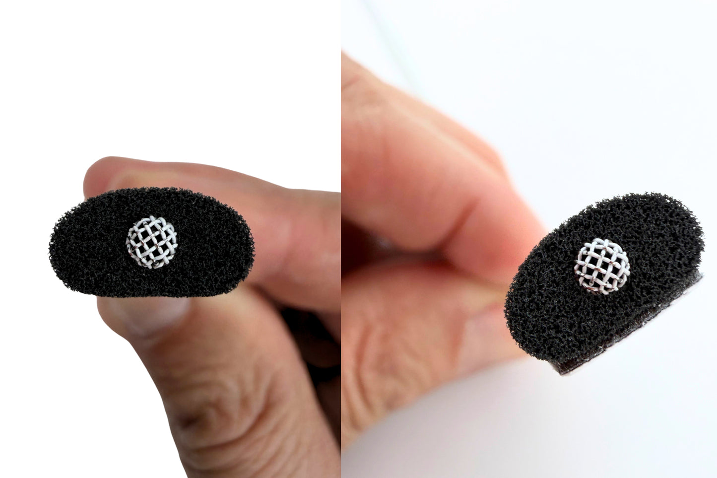 Two hands holding dark foam pads with small circular mesh centers