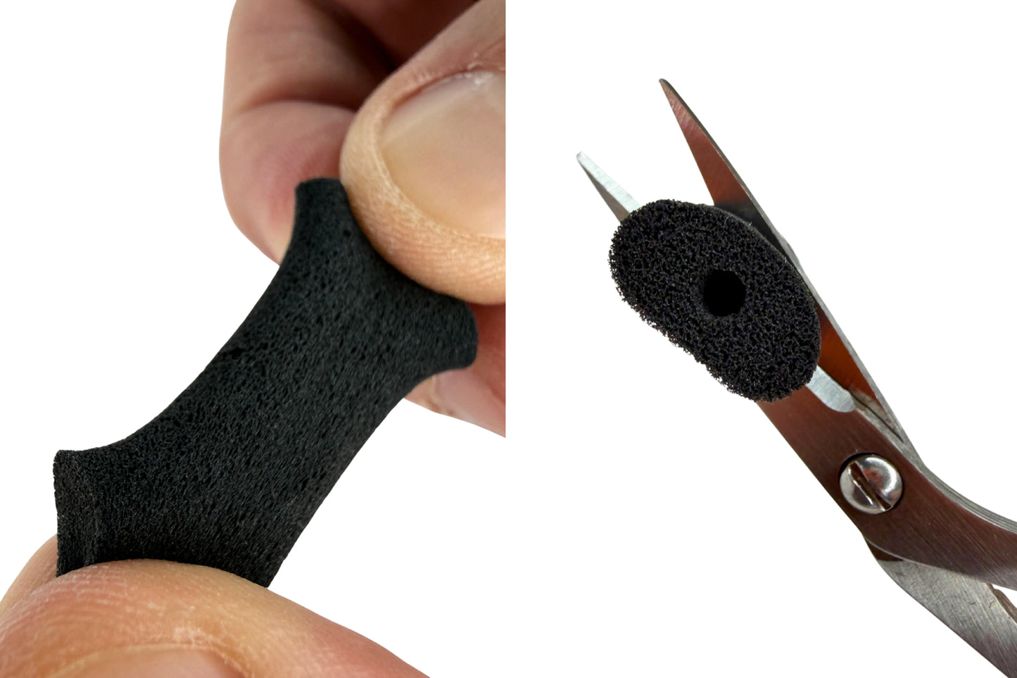 Hands holding a dark foam pad and trimming it with scissors