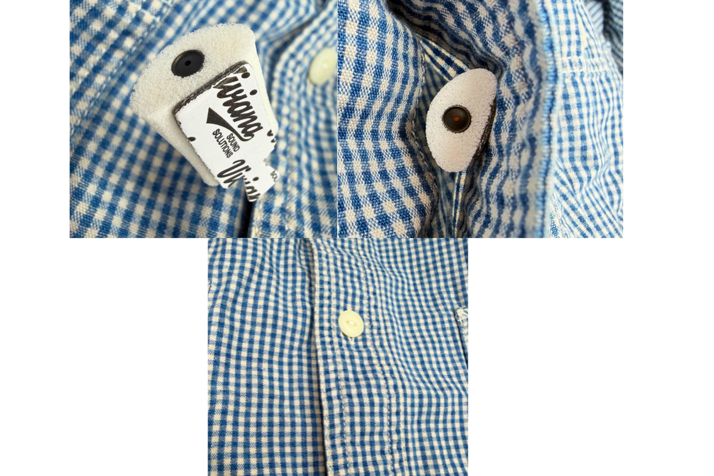 Foam for Lav PRO microphone windscreen on a blue gingham shirt collar
