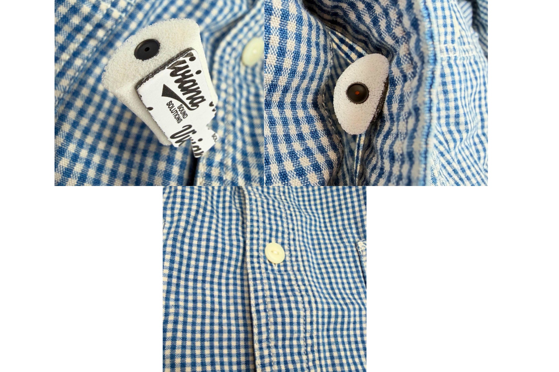Foam for Lav PRO microphone windscreen on a blue gingham shirt collar