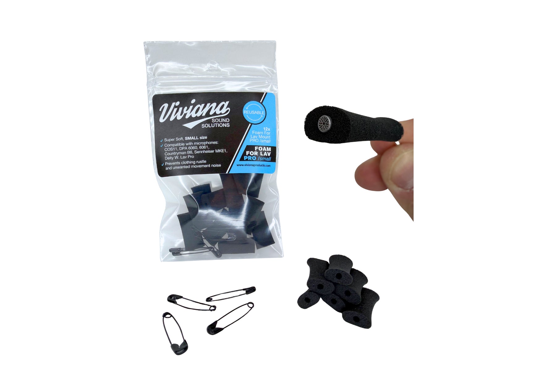 Black foam applicator pads set displayed with Viviana Solutions packaging and clips