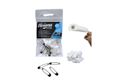 White foam applicator pads set shown with Viviana Solutions pouch and mesh tools