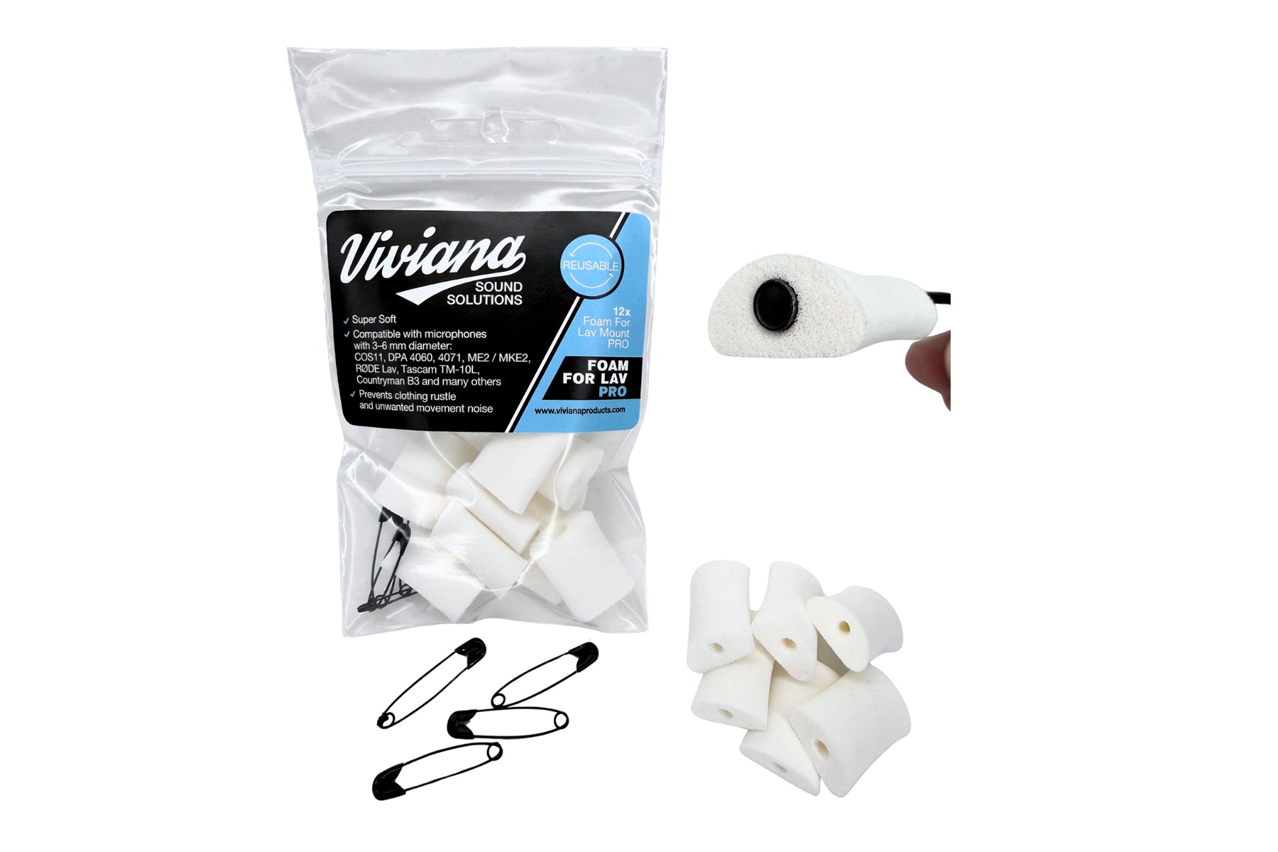 White foam applicator pads with Viviana Solutions pouch and clips for attachment