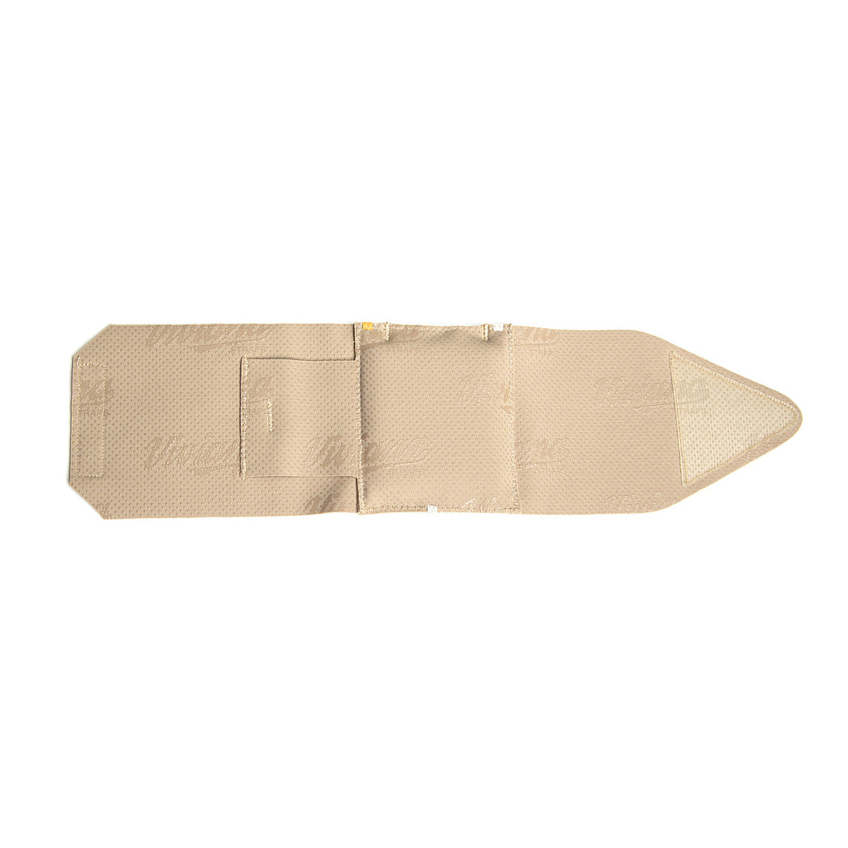 Beige ankle strap pouch, flat view, with molded pocket detail and triangular end