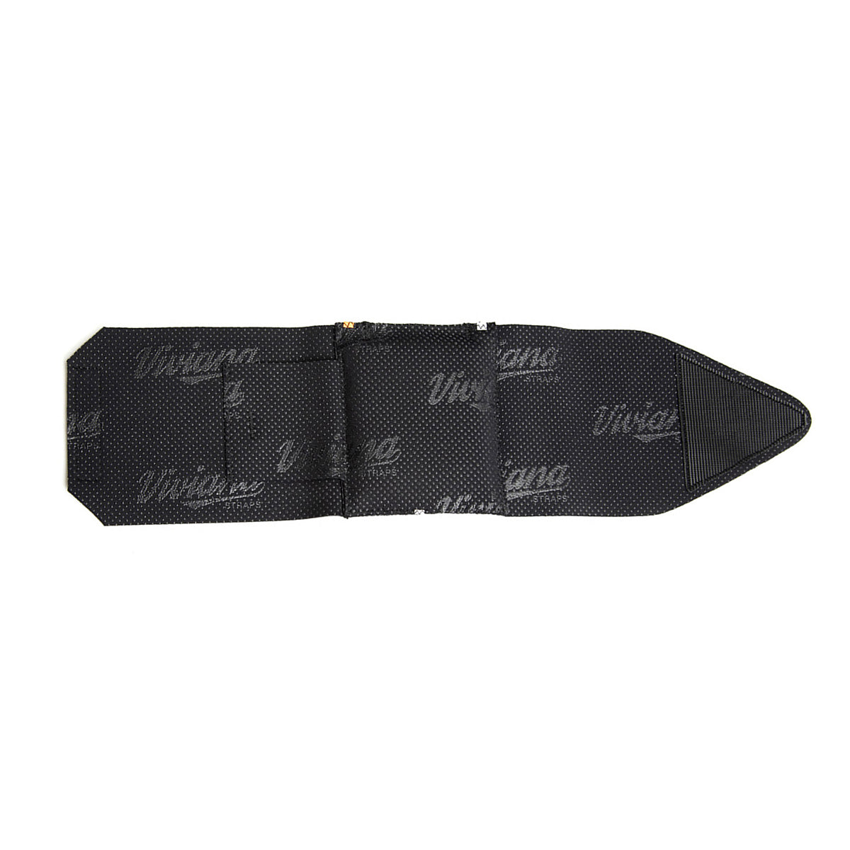 Black ankle strap pouch, flat view, with molded pocket detail and printed logo pattern