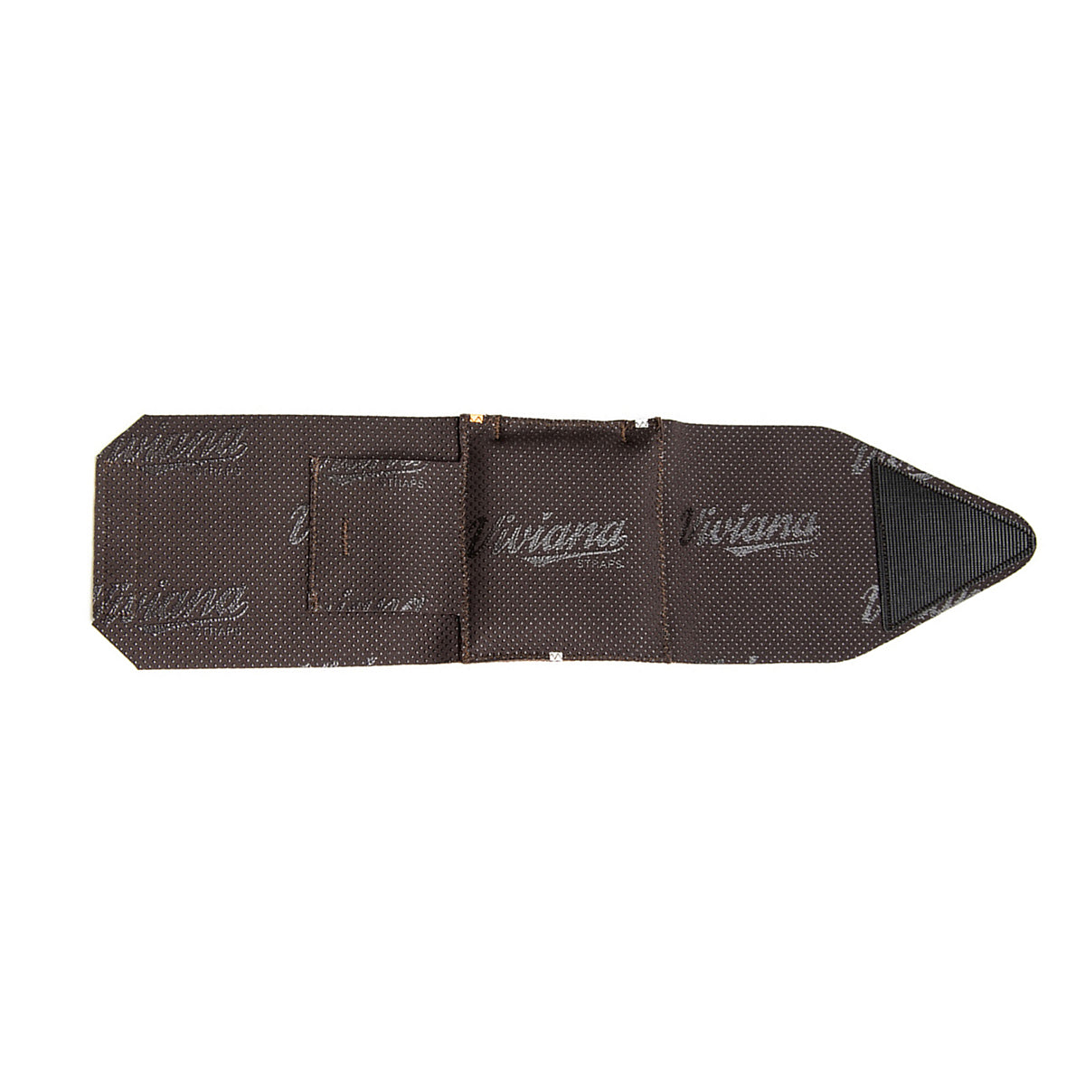 Brown ankle strap pouch, flat view, with molded pocket and printed logo pattern