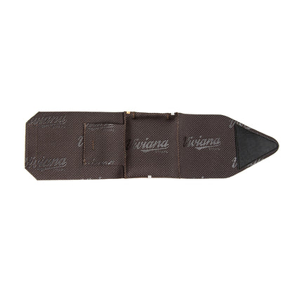 Brown ankle strap pouch, flat view, with molded pocket and printed logo pattern