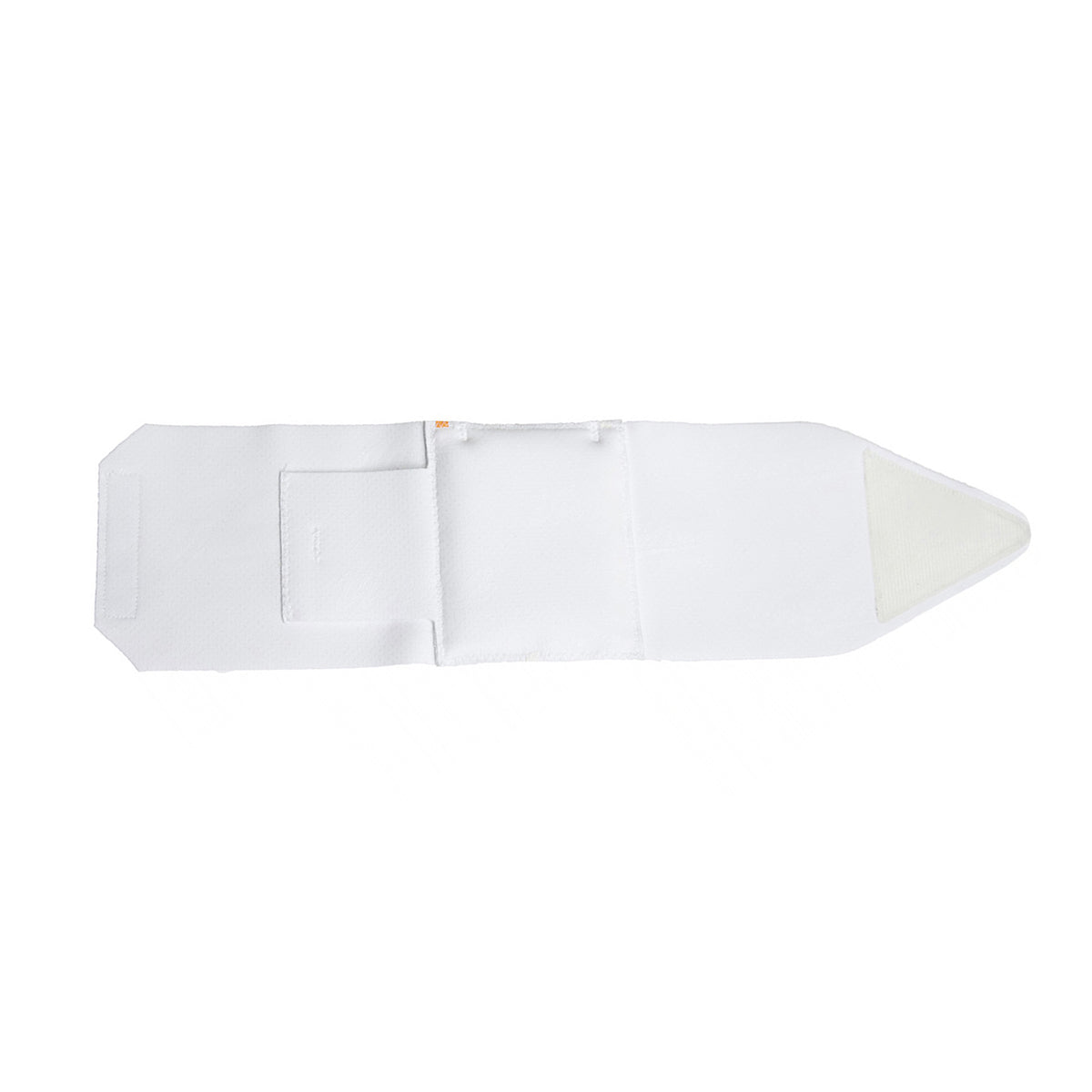White ankle strap pouch, flat view, with molded pocket detail and triangular end