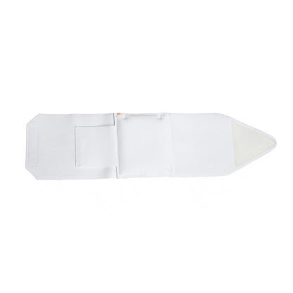 White ankle strap pouch, flat view, with molded pocket detail and triangular end