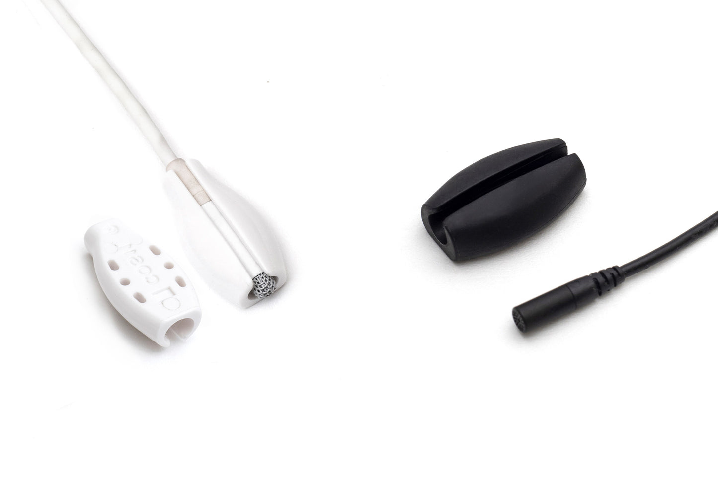Cable connector tips: white plug with slots and black end with attached cable