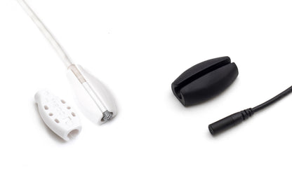 Cable connector tips: white plug with slots and black end with attached cable