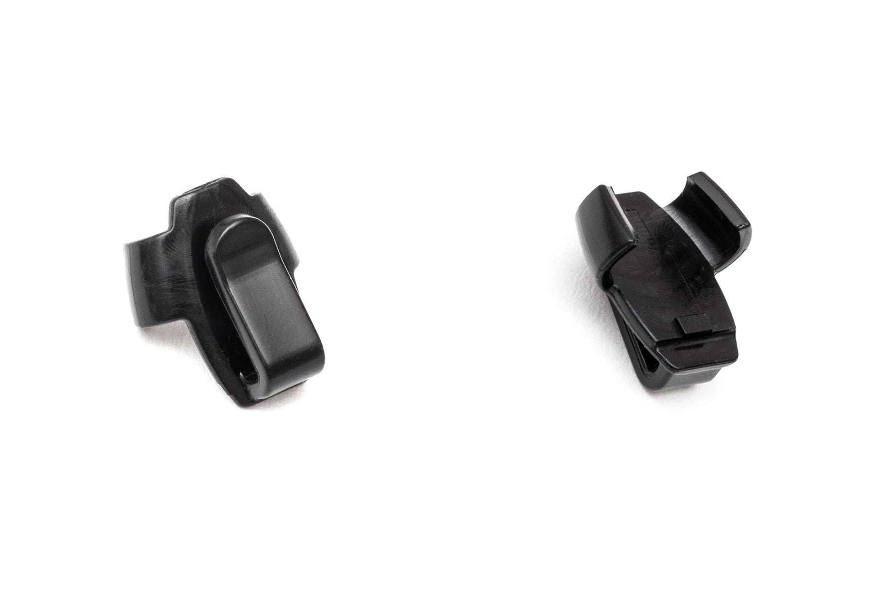Black cable connector clips with rectangular latch openings, two angles