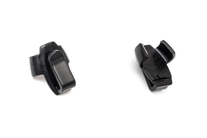 Black cable connector clips with rectangular latch openings, two angles