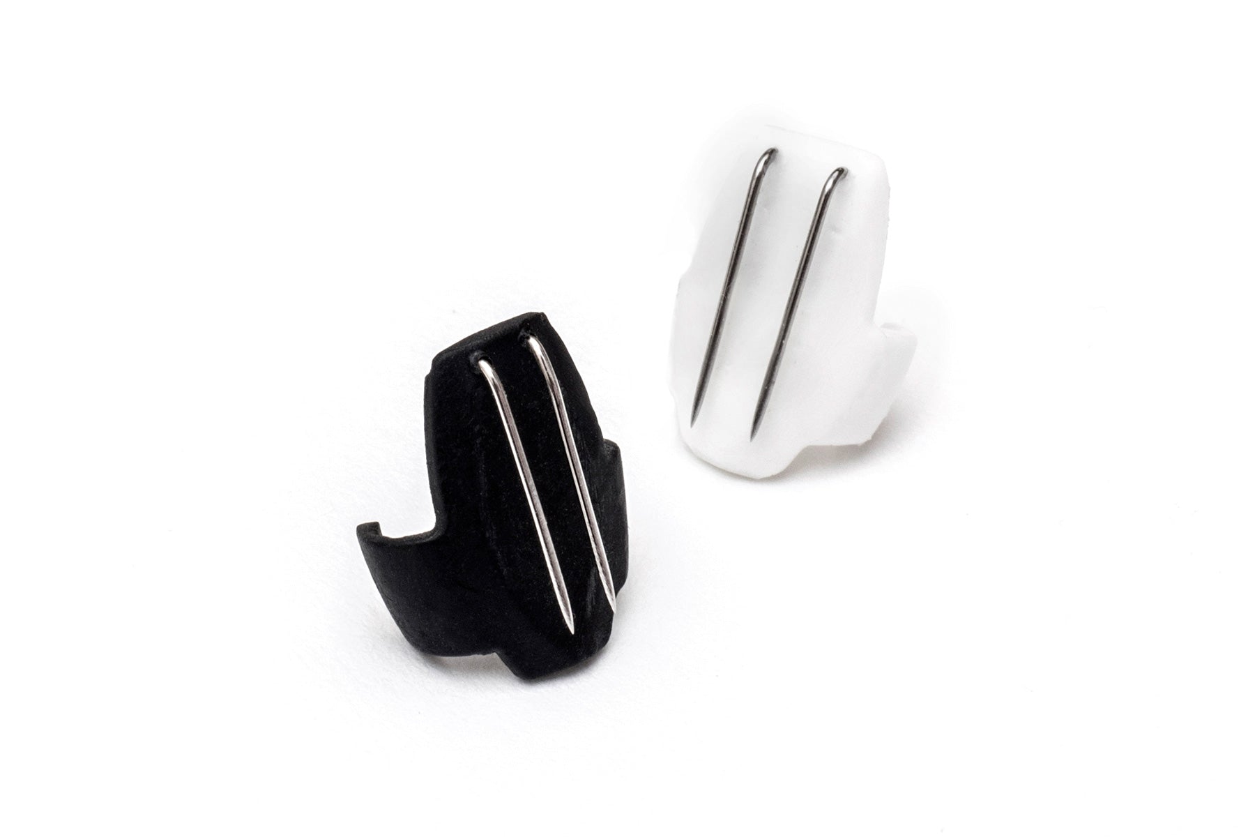 Connector clip pair: white housing with two metal pins and black clip body