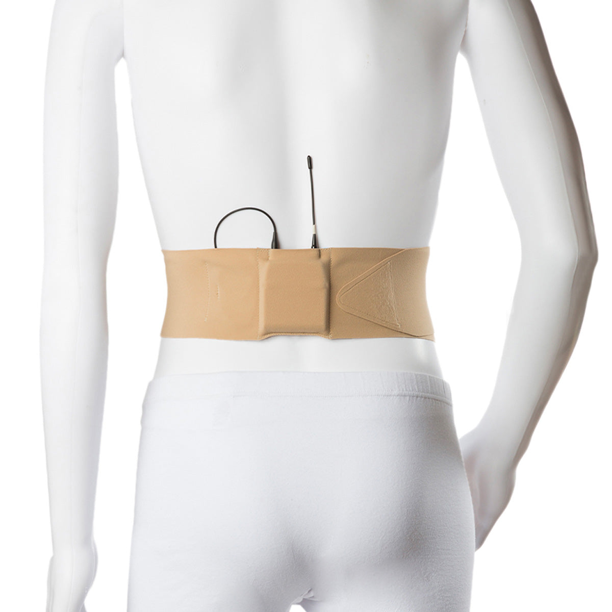 Beige waist strap belt on a mannequin, front pouch with adjustable cords