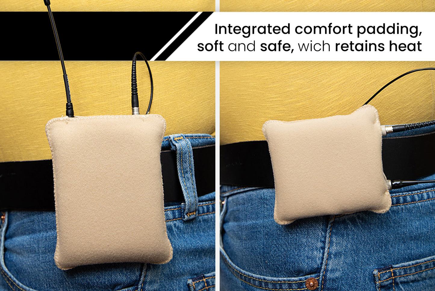 Beige puffy belt pouch with drawstring strap, square padded design