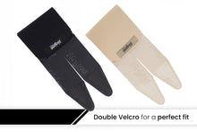 Set of black and beige calf straps with end fastening tabs for a secure fit.