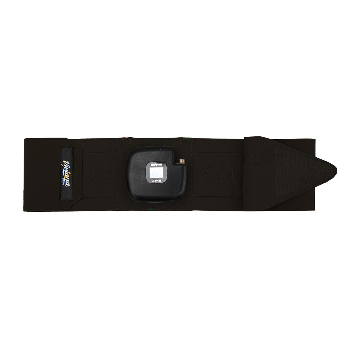 Black ankle strap with gray device pouch, adjustable buckle, and pointed end