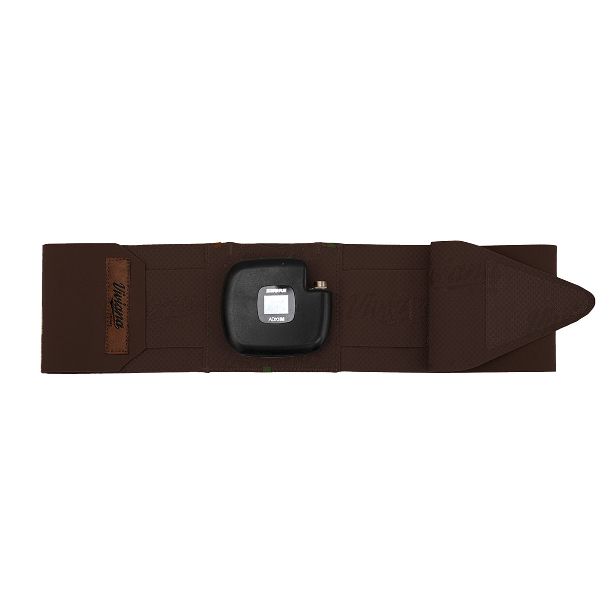 Dark brown ankle strap pouch with black accessory module and side branding strip