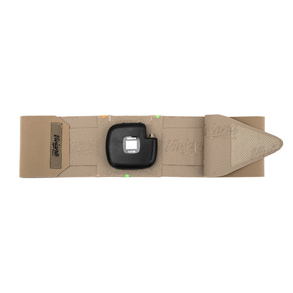Beige thigh strap with black pouch and adjustable buckle, hook-and-loop closure