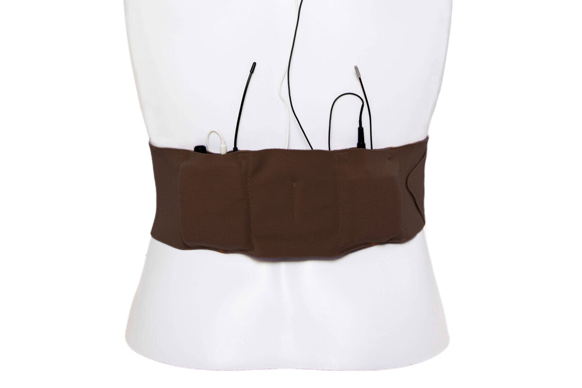 Brown extreme waist strap with pouch around waistband and hanging cords
