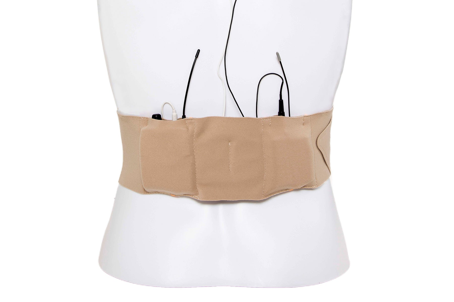 Beige extreme waist strap with pouch around waistband and hanging cords