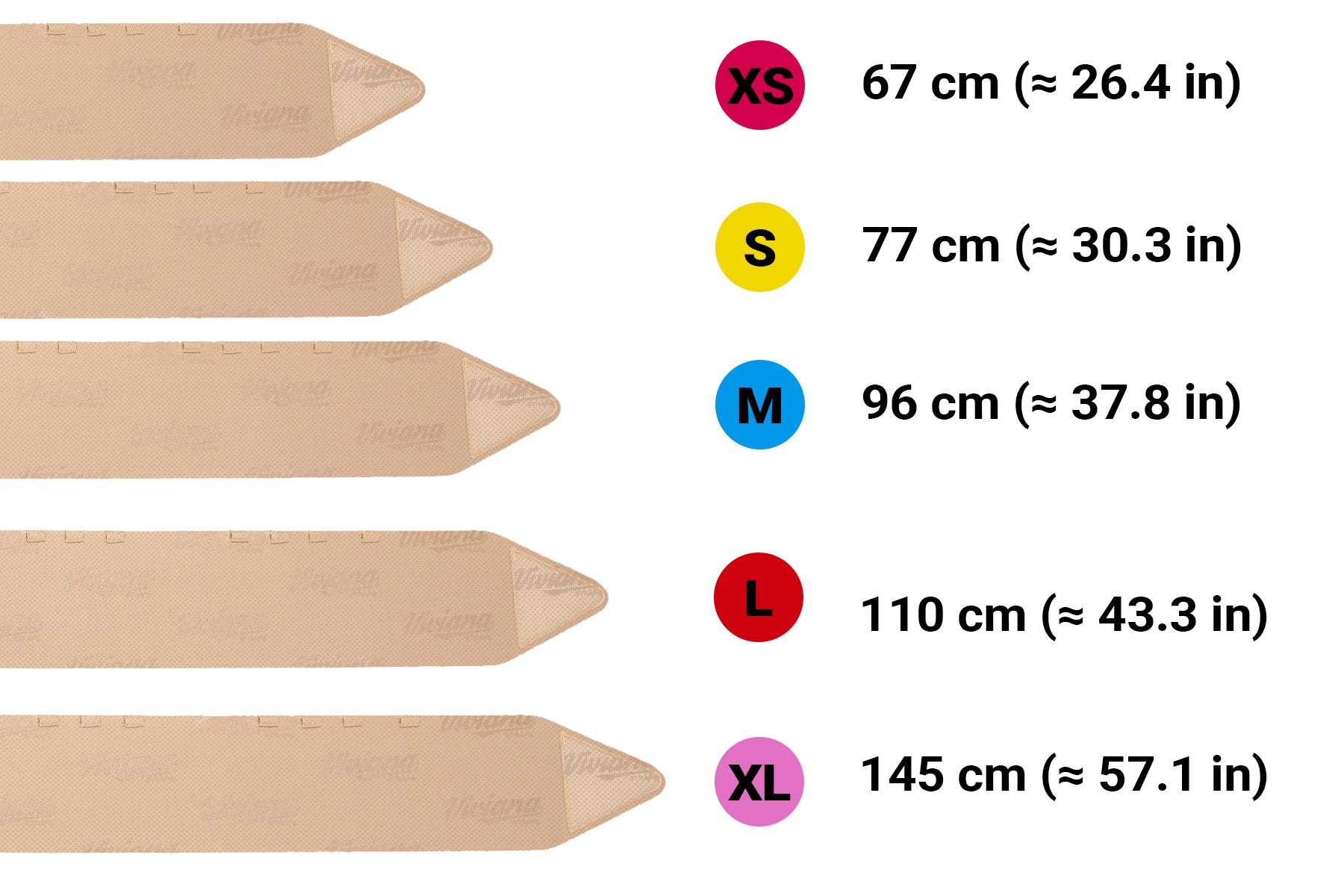 Size chart for extreme waist straps with XS to XL length measurements
