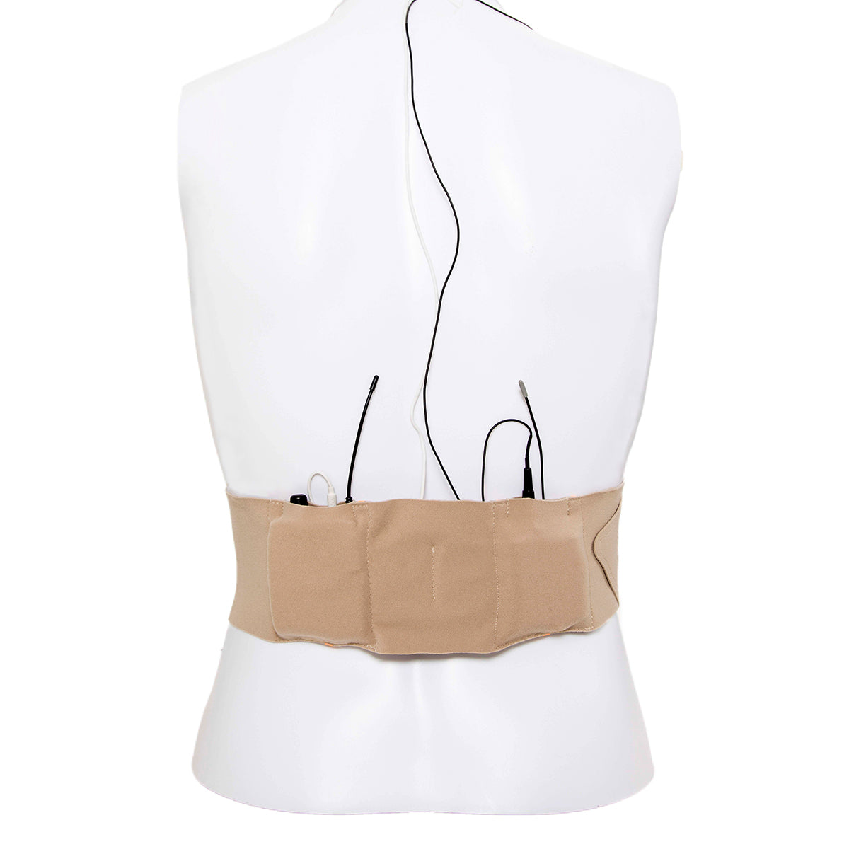 Tan waist strap belt back view with dangling adjustable cords and loops