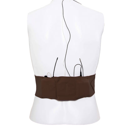 Brown waist strap belt back view with dangling adjustable cords and loops
