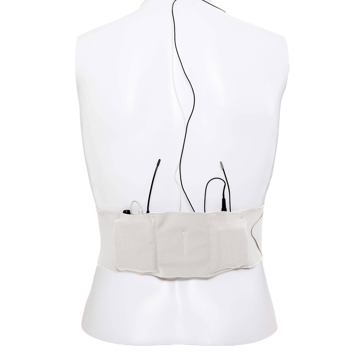 Light beige waist strap belt back view with dangling adjustable cords and loops