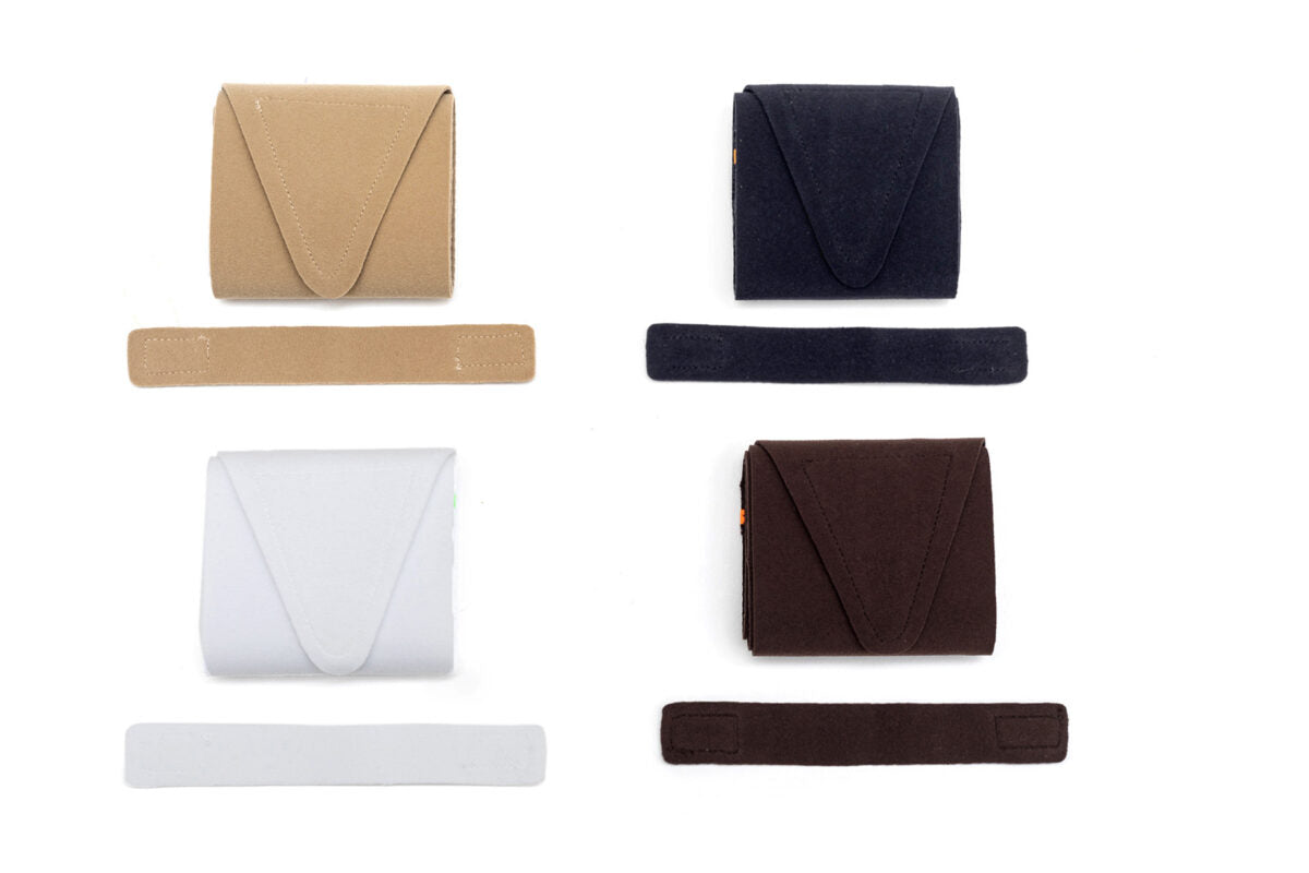 Extreme waist strap pouch set in beige, black, brown, and white with bands