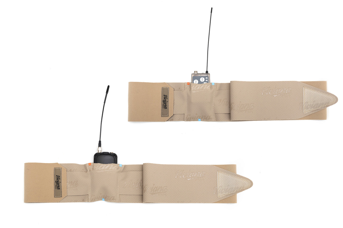 Beige extreme waist straps shown with pouch section and size tags