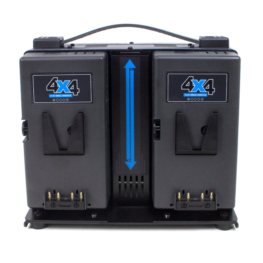Hawk-Woods VL-4X4 four-bay V-Lok charger showing battery mounting plates