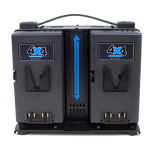 Black V-mount simultaneous 4x4 charger showing two front battery slots