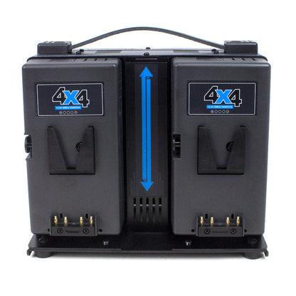 Hawk-Woods VL-4X4 four-bay V-Lok charger showing battery mounting plates