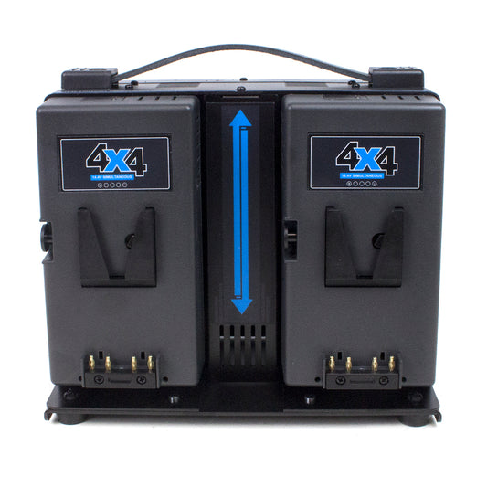 Hawk-Woods VL-4X4 four-bay V-Lok charger showing battery mounting plates