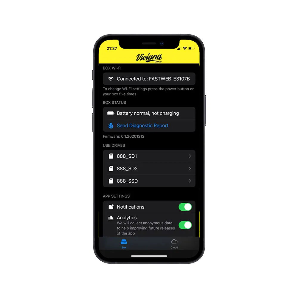 Smartphone screen showing Viviana Box Wi-Fi status and device settings