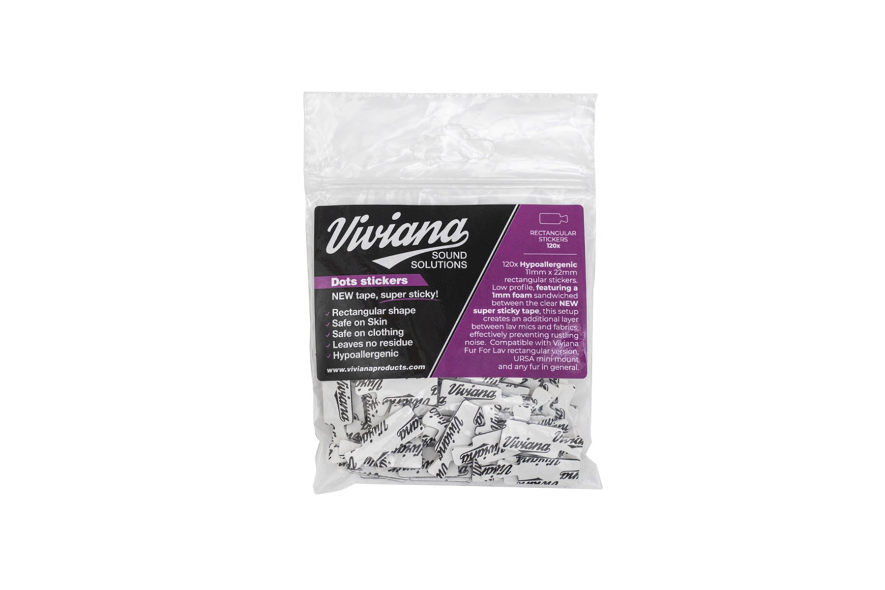 Dots premium stickers in clear bag, black-and-white text, Viviana logo
