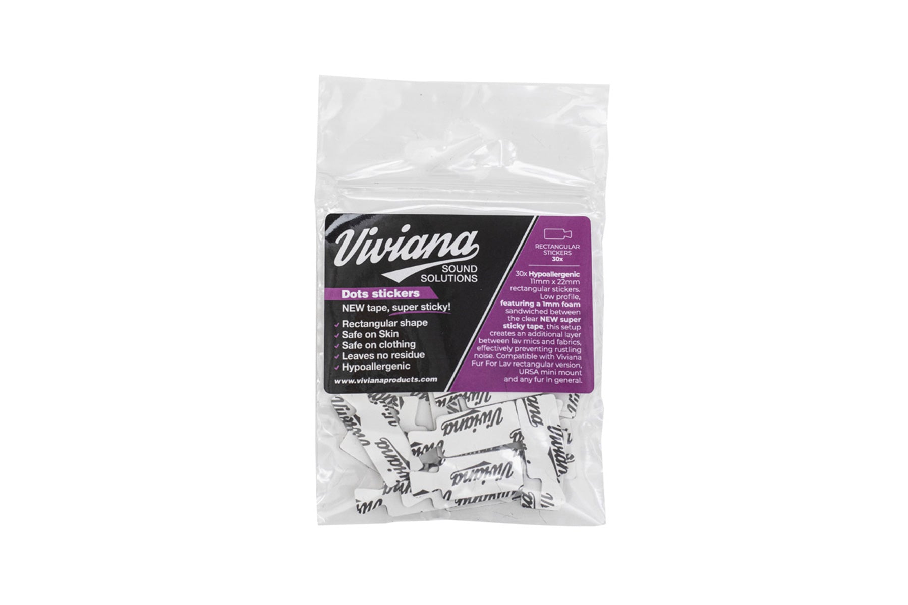 Clear bag of white dot stickers with black printed text and purple-and-black label