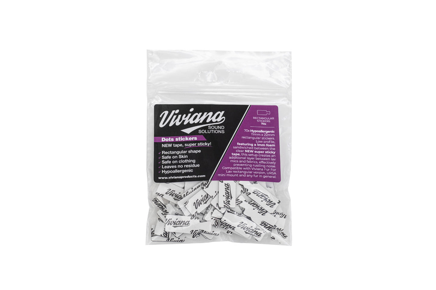 Bagged white dot stickers with black text, visible purple product label on front