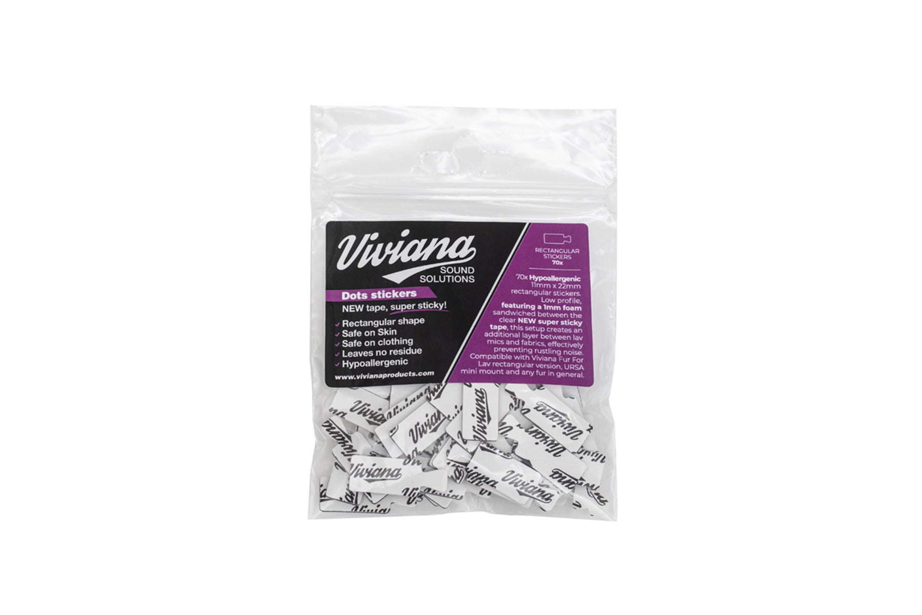 Bagged white dot stickers with black text, visible purple product label on front