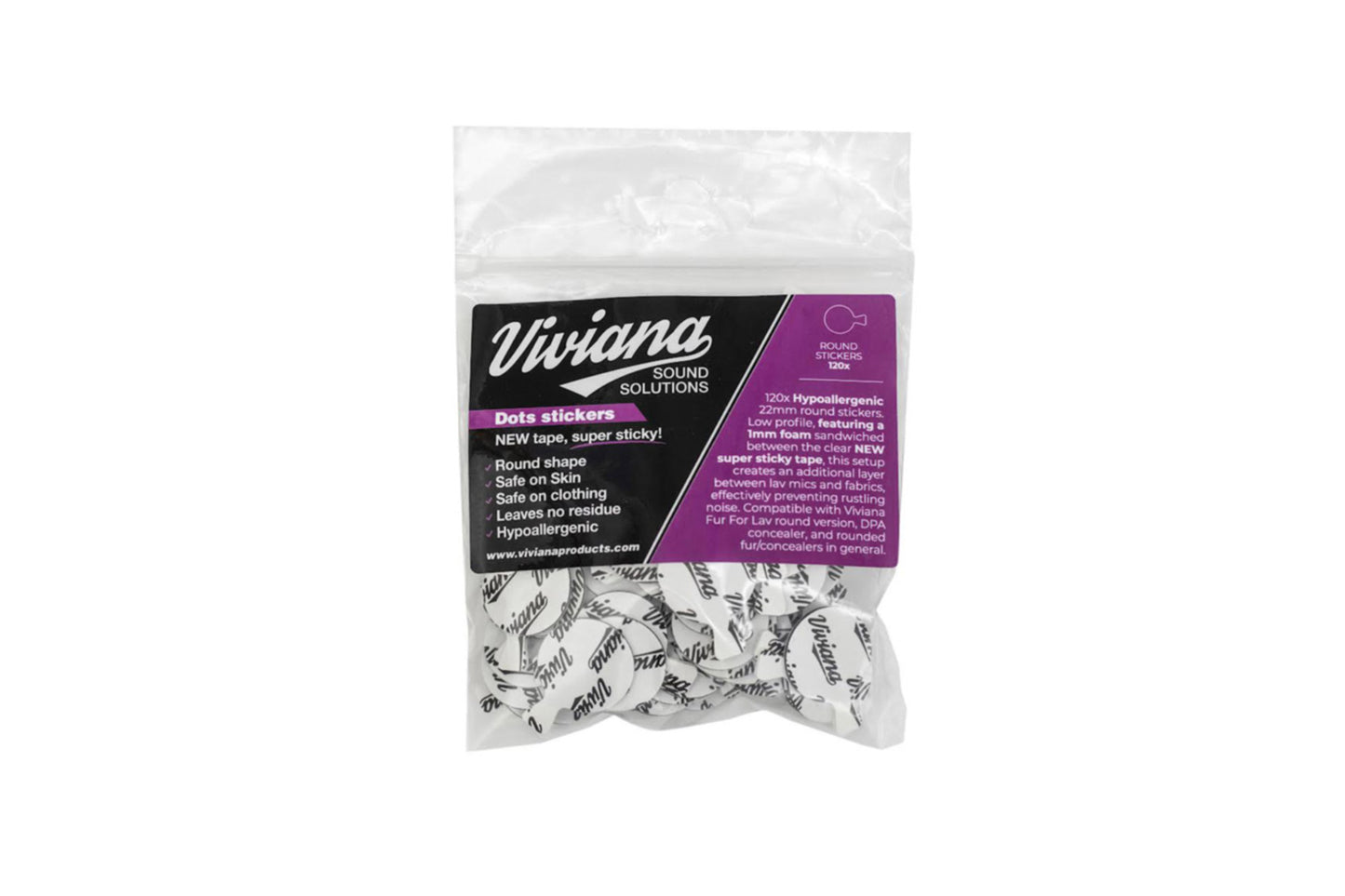 Bag of white dot stickers with black printed text, purple product information panel