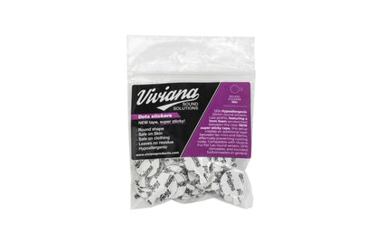 Bag of white dot stickers with black printed text, purple product information panel