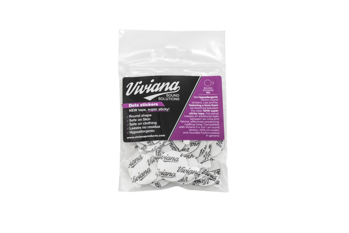 Clear packaging with white dot stickers showing black text and purple label