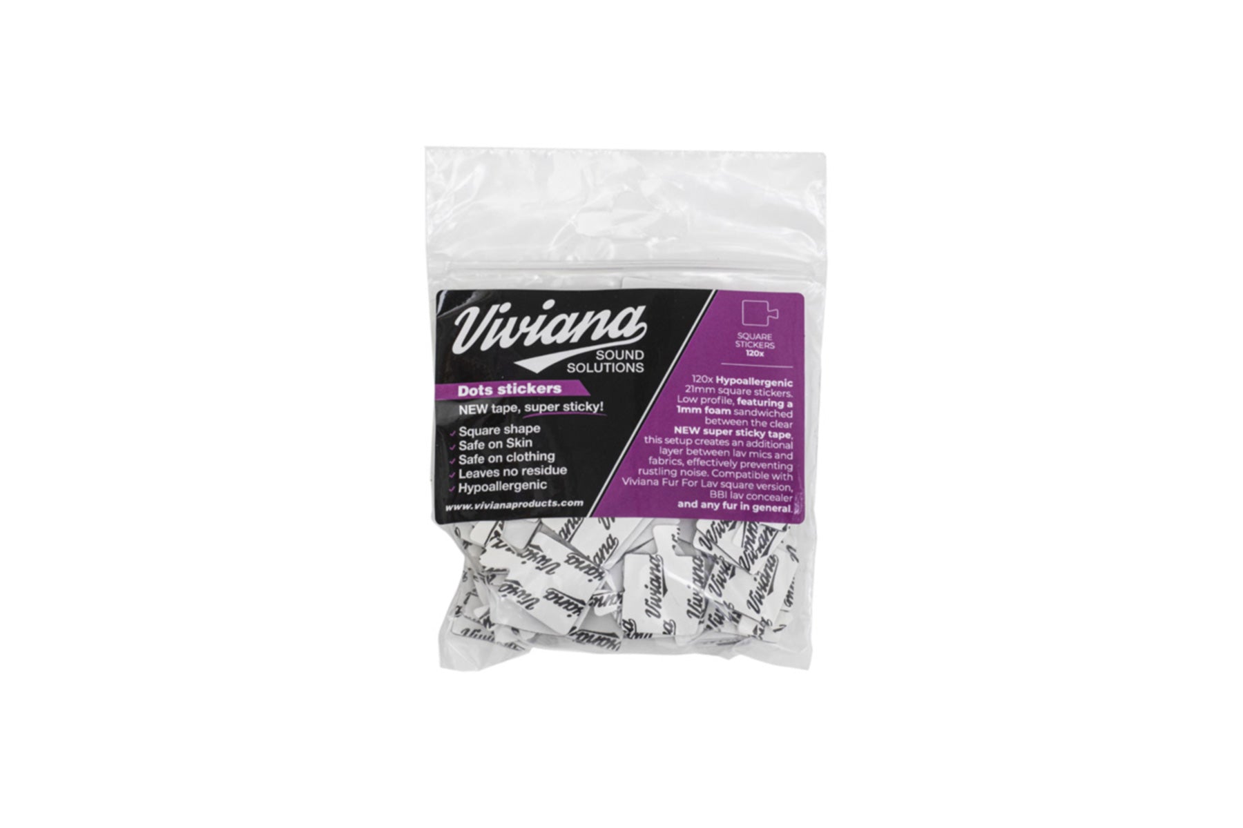 Bagged set of white dot stickers with black printed text and purple label